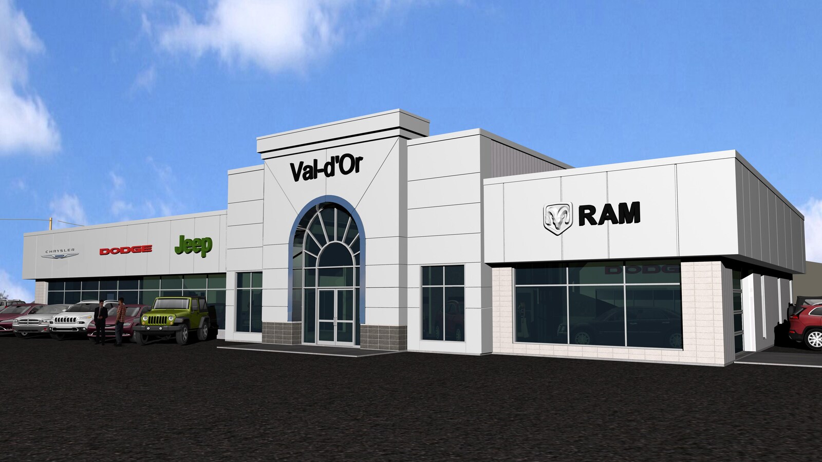 Les logos RAM, Jeep, Dodge et Chrysler sur le bâtiment d'un concessionnaire à Val-d'Or.