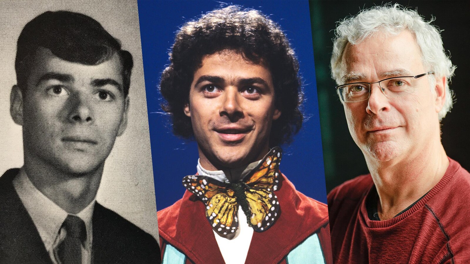Trois photos en parallèle démontrant l'évolution de Jacques L'Heureux, comme étudiant, puis comme acteur.