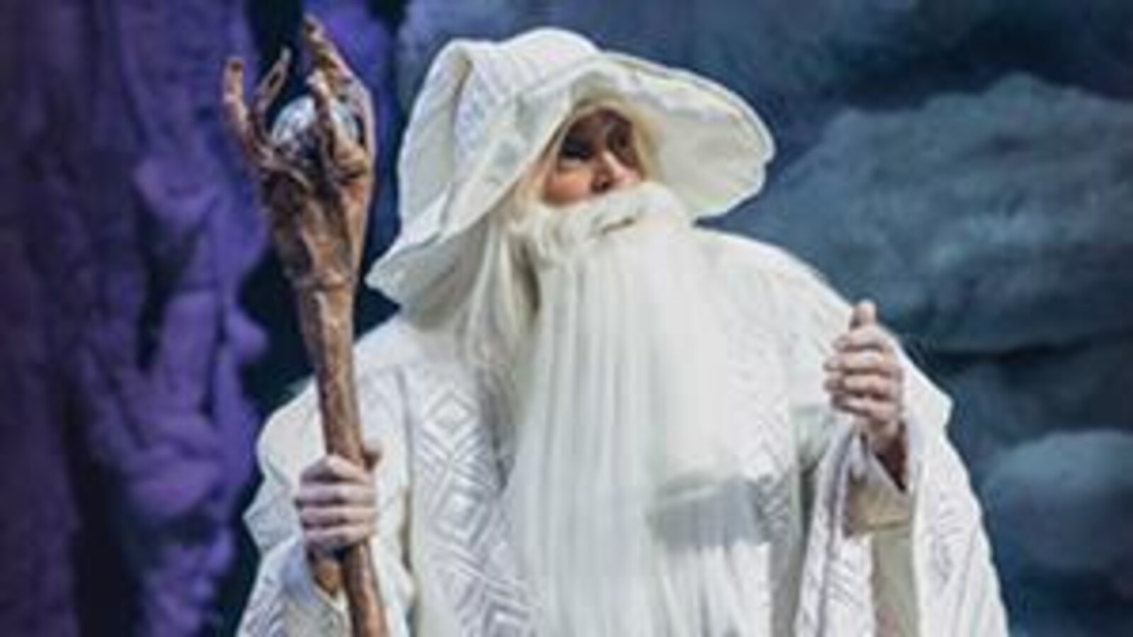 Le personnage d'un Roi mage regarde la foule assistant à un spectacle de Québec Issime.