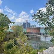 Vue sur la rivière et sur les édifices de Détroit à travers le feuillage du bord de l'eau. 