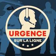 Illustration d'un répartiteur avec son casque d'écoute, sur filigrane d,ambulancier et de policier avec leur véhicule respectif avec le logo d'Urgence sur la ligne.