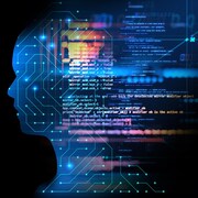 Une illustration conceptuelle de l'intelligence artificielle, composée d'une silhouette humaine avec un design de circuit imprimé et des lignes de langage informatique qui flottent au-dessus.