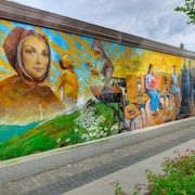 La grande murale présente une religieuse en habit traditionnel, puis une série de scènes témoignant de l'implication de ces femmes dans la santé et l'éducation.