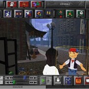 Deux personnages de dessins animés interagissent dans une rue sur un logiciel d'édition de vidéo. 