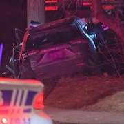 Deux policiers sont à côté d'une voiture écrasée contre un arbre.