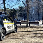 Une voiture de police stationnée dans un parc. 