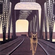 Peinture d'un chien qui se promène sur un pont ferroviaire.