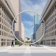 Modélisation d'un anneau géant suspendu entre deux immeubles de la Place Ville-Marie, à Montréal. 