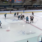 Des joueurs sont prêts en jouer, à leur position sur la glace.