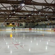 Vue d'ensemble de la patinoire et des gradins.