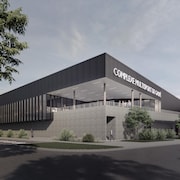Dessin informatisé d'une bâtiment avec inscrit dessus "Complexe multisport de Gaspé".