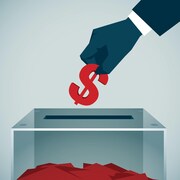 Une illustration montrant un homme déposant un signe de dollar dans une boîte de scrutin. 