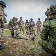 Des militaires canadiens et ukrainiens participent à un entraînement. 