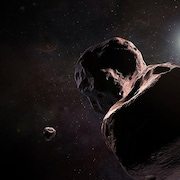 Impression artistique de l'astéroïde 2014 MU69 et de la sonde New horizons.