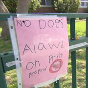 Une affiche qui dit que les chiens sont interdits.
