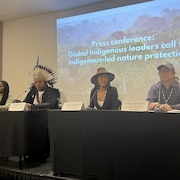 Quatre Autochtones en conférence de presse.