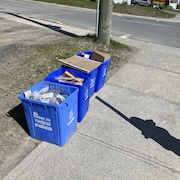 Des boîtes bleues remplies de matières recyclables.