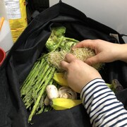 Deux mains qui tiennent de la luzerne au-dessus d'un sac d'épicerie rempli d'asperges, de champignons, de brocoli et de bananes.