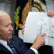 Le président américain Joe Biden a le doigt posé sur un schéma sur lequel sont dessinées des éoliennes de différentes tailles. 