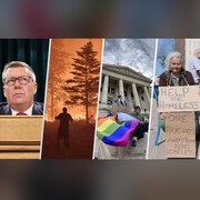 Un collage de photo de Scott Moe, un feu de forêt, une manifestation LGBTQ+ et une personne qui revendique pour plus d'aide contre l'itinérance. 