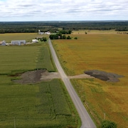 Vue aérienne de deux amas de biosolides déposés dans des champs.