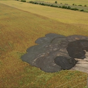 Vue aérienne d'un amas de biosolides stockés dans un champ
