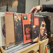 Des albums de Bob Marley disposés dans un magasin de vente de disques vinyles d'Edmonton, le 8 mai 2024.