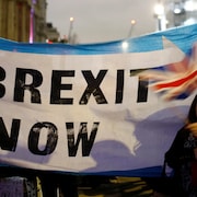 Une femme agite un drapeau britannique lors d'une marche devant une immense banderole arborant le message « Brexit now ».