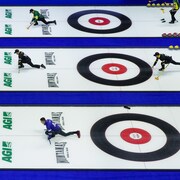 Trois patinoires de curling lors du Brier 2024 à Regina, en Saskatchewan, le 7 mars 2024.