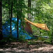 Une tente et une toile servant d'abris sur un terrain de camping en forêt