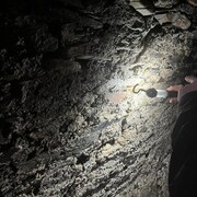 Un mur de pierre dans un couloir souterrain est illuminé partiellement par la lampe de poche tenue par une personne.