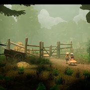 Deux personnages dans un décor forestier dans un jeu vidéo.