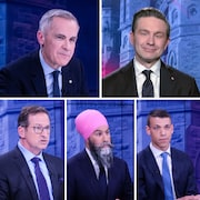The leaders of the five main federal political parties. From left to right: Liberal Mark Carney, Conservative Pierre Poilievre, Bloc Québécois Yves-François Blanchet, New Democrat Jagmeet Singh and Green Party of Canada co-leader Jonathan Pedneault.