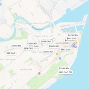 Carte du centre-ville avec les prix de certaines offres de location du site Airbnb.