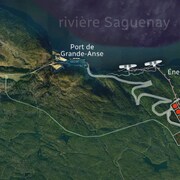 Une carte indiquant l'emplacement projetée de l'usine Énergie Saguenay.