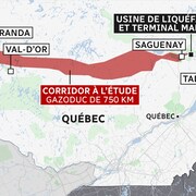 Carte illustrant un tracé partant de Rouyn-Noranda à Saguenay, où GNL Québec veut construire une usine de liquéfaction de gaz naturel et un terminal maritime. 