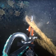 Vue d'un robot sous-marin récupérant un casier de pêche au crabe au fond de la mer.