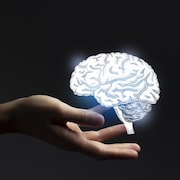 Collage d'un dessin de cerveau humain dans la main d'une femme sur fond sombre.