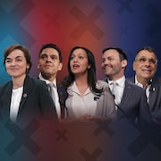 Montage de portraits des cinq chefs de partis politiques provinciaux.
