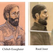Des croquis de cour juxtaposés de Chiheb Esseghaier et de Raed Jaser.