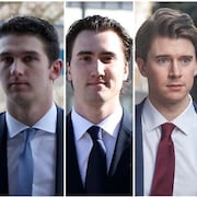 Dillon Dubé, Cal Foote, Alex Formenton, Carter Hart et Michael McLeod ont tous été coéquipiers de l'équipe canadienne de hockey junior des championnats du monde 2018. Ils sont actuellement jugés à London (Ontario), accusés d'agression sexuelle. Ils ont tous plaidé non coupable. (Nicole Osborne/CP, Nicole Osborne/CP, Nicole Osborne/CP, Brett Gundlock/Reuters, Nicole Osborne/CP)