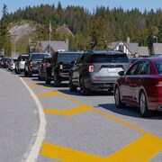 Une longue file de conducteurs attendent de pouvoir entre dans le parc national de Banff. 