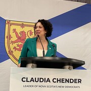 Claudia Chender parle au micro devant un grand drapeau de la Nouvelle-Écosse.