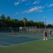 Des joueuses et joueurs de tennis effectuent des échanges sur les terrains.
