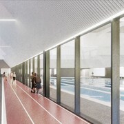 Schéma de deux piscines intérieures séparées par une piste de marche.