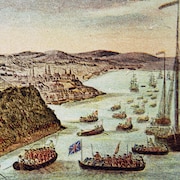 Des bateaux britanniques à l'attaque des plaines d'Abraham lors de la Conquête, en 1759.