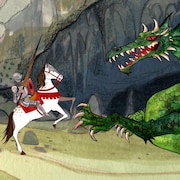 Illustration représentant un chevalier face à un dragon.