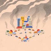 Une illustrations de plusieurs banlieues et d'une ville entre lesquelles plusieurs voitures circulent et émettent des gaz à effet de serre.