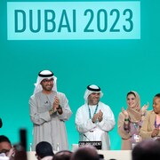 Sultan Ahmed Al Jaber et d'autres délégués applaudissent en séance plénière.