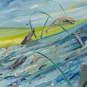 Une peinture représente des poissons qui sautent hors de l'eau.